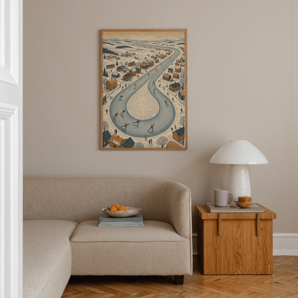 Winter Village Scene art print with Orange details perfect for entryway