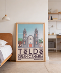 Wide composition travel poster print with cathedral centered, sky background, and stone walls