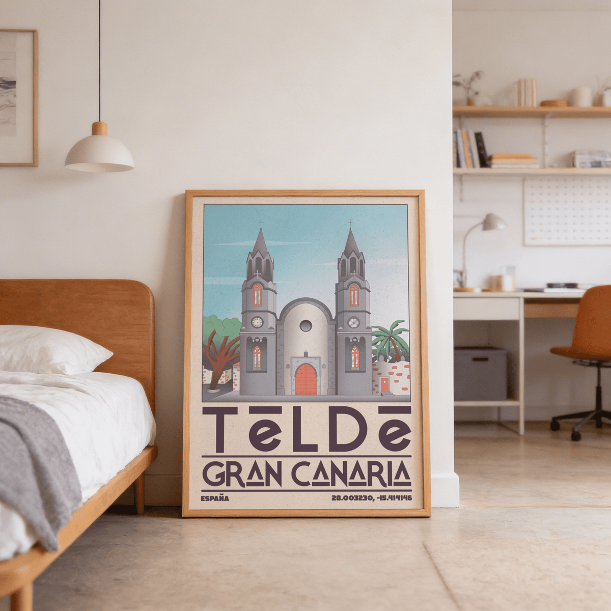 Wide composition travel poster print with cathedral centered, sky background, and stone walls