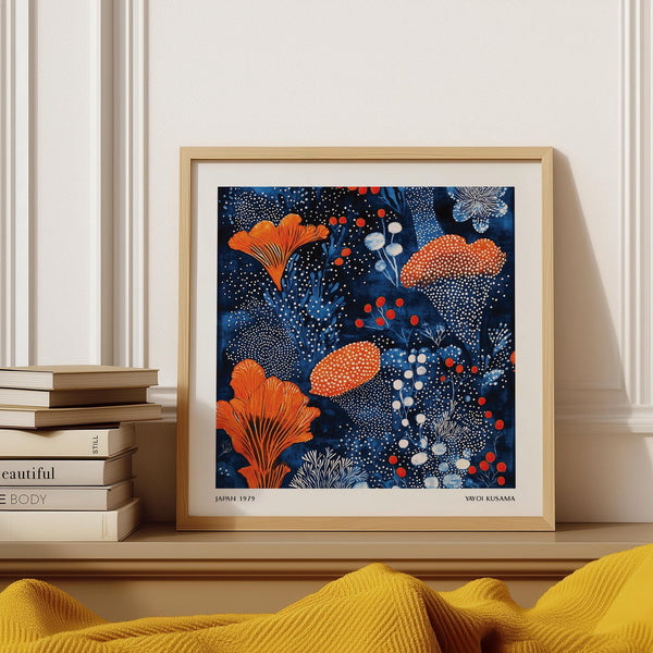 Blue Orange Wall Art with Yayoi Kusama–inspired dots and abstract floral shapes.