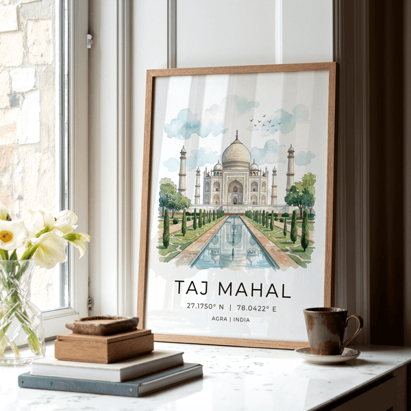 Centered composition Taj Mahal Art Print flanked by cypress trees