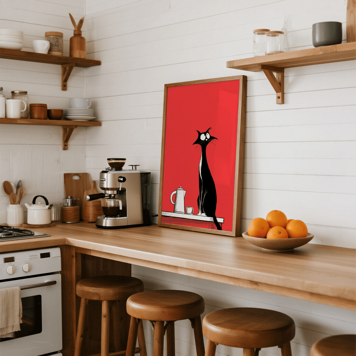 Whimsical Cat Wall Art for a bold touch in living room, black white red print