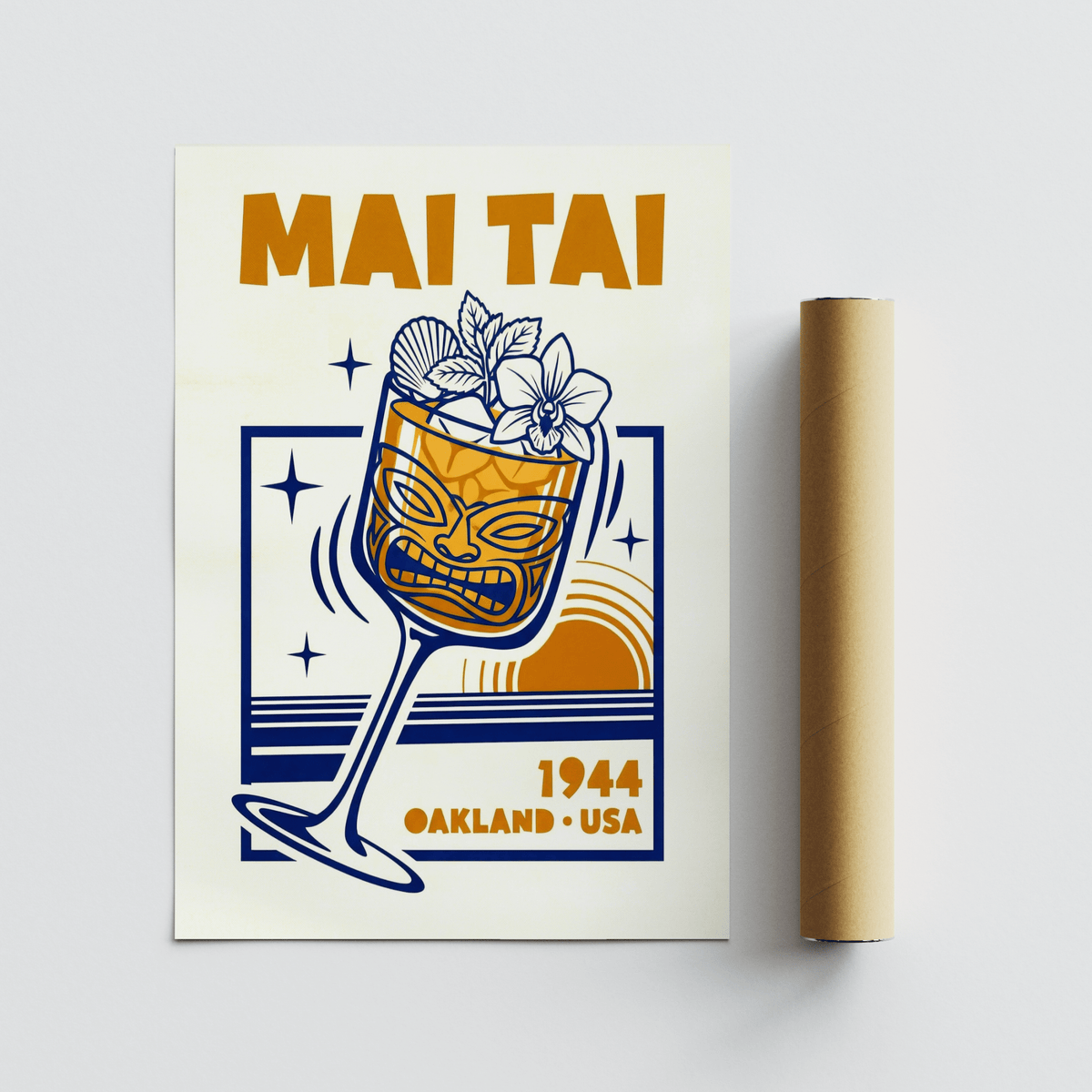 Mai Tai Wall Art featuring Orange, Blue colors for lounge poster