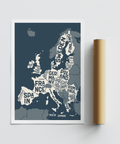 Geographic Europe Map Print using blue and beige for nursery wall art