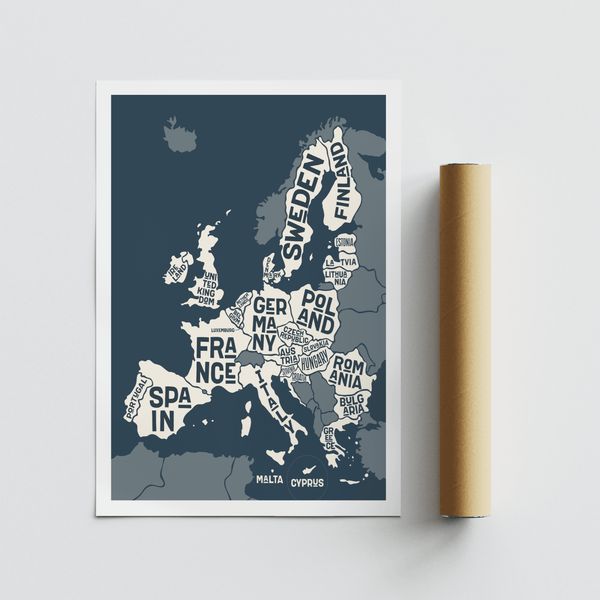 Geographic Europe Map Print using blue and beige for nursery wall art