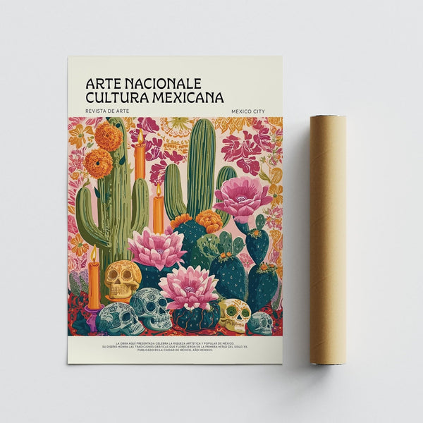 Traditional skulls and cactus garden in Day of the Dead wall art.