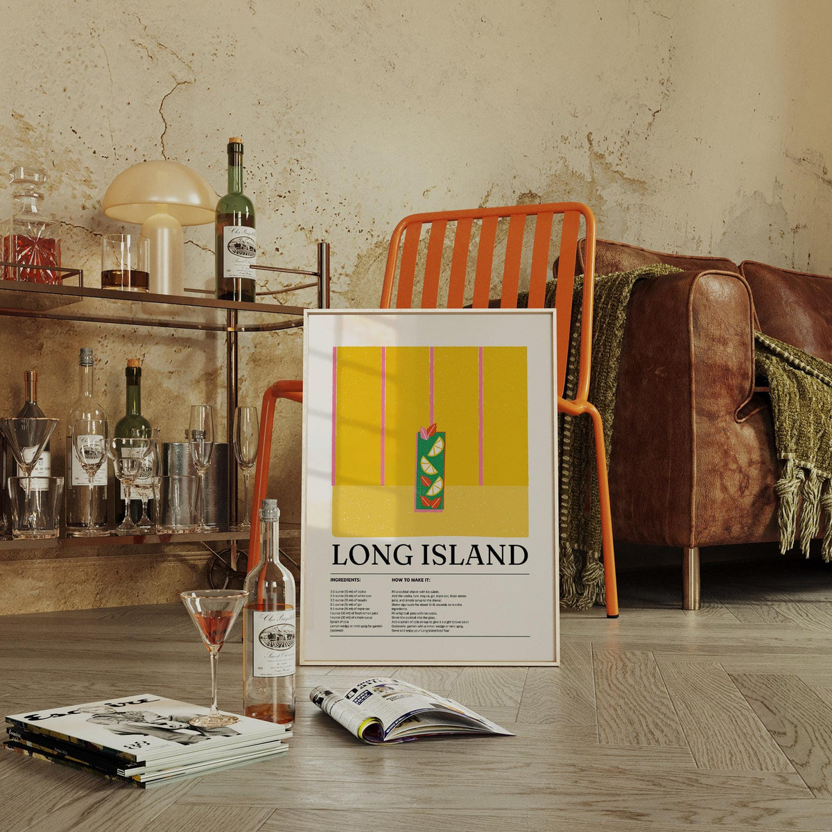 Drink print featuring stylized lemons and mint with retro color blocking.