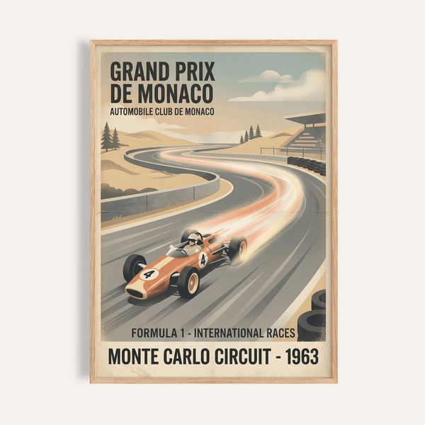 Formula 1 Racing Poster showing vintage red car sweeping through Monaco track curve