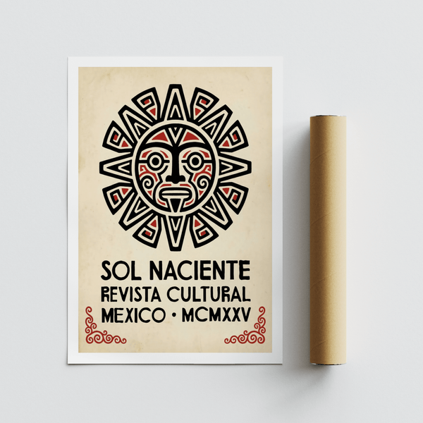 Aztec Sun Illustration Art Print wall art with red accents and bold linework
