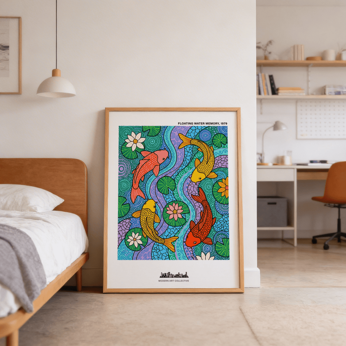 Close-up of koi fish poster featuring lotus flower and lily pad shapes in patterned design