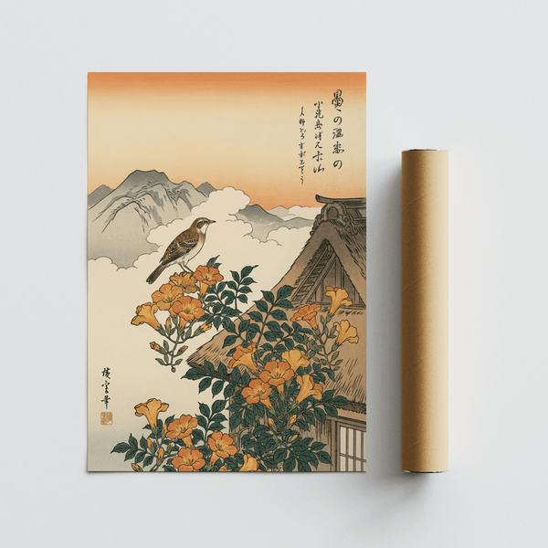 Serene Mountain Landscape Poster with nature details for home office wall art