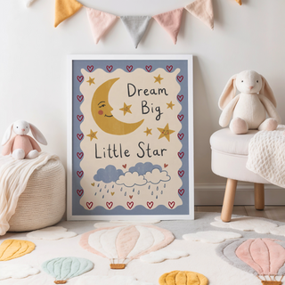 Smiling crescent moon illustration surrounded by star characters and heart border