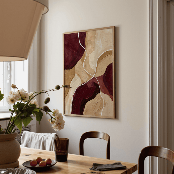 Modern Abstract Burgundy Print with bold red, ideal for living room poster