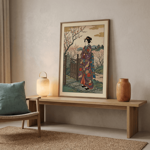 Illustrated wall art poster of a kimono-clad figure standing among flowering trees and clouds