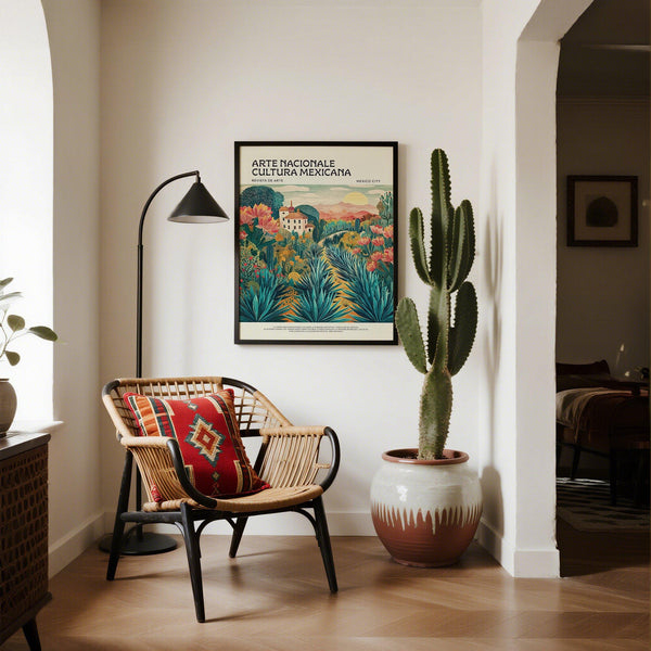 Mexican Landscape Art Print showing terracotta home and warm hills.