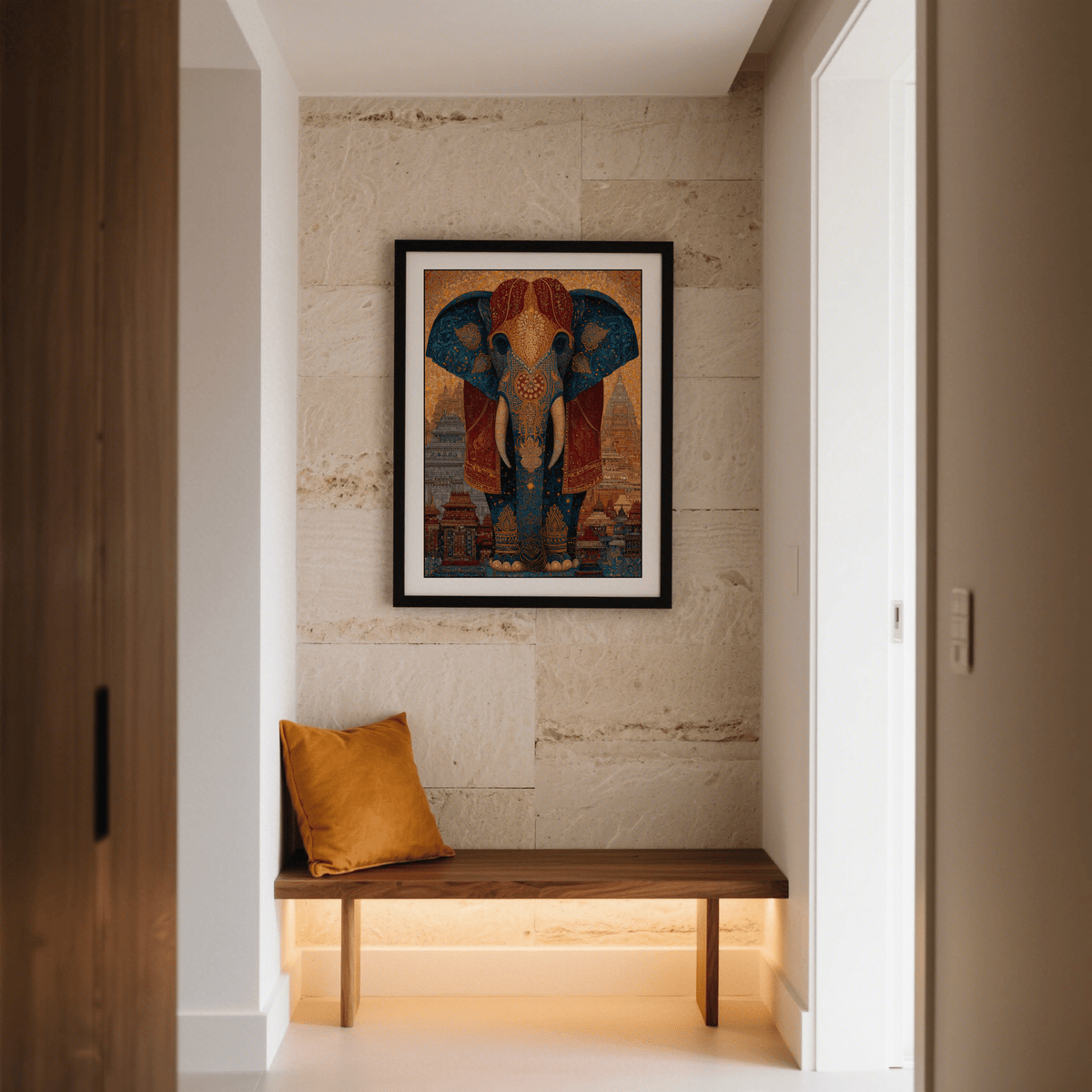 Mosaic-inspired elephant poster with intricate trunk detailing and layered building silhouettes in the background