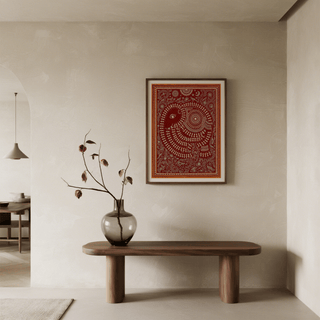 Central elephant print with repeating figures and botanical frame in folk-art composition