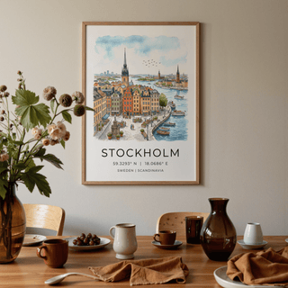 Vintage-inspired Sweden Landscape Poster showing Stockholm cityscape with coordinates text