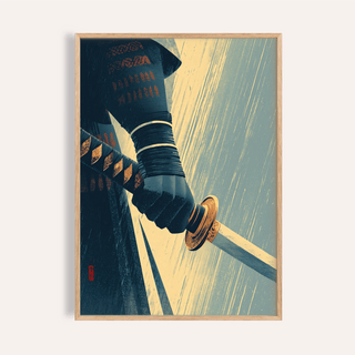 Samurai Sword Wall Art close-up of katana hilt with rain streak backdrop