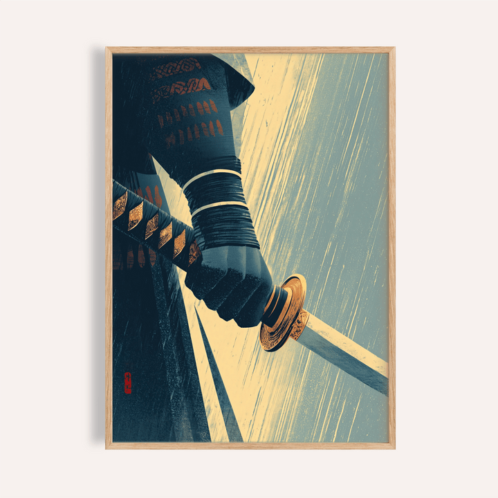 Samurai Sword Wall Art close-up of katana hilt with rain streak backdrop