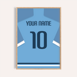 Custom Football Shirt – Light Blue with Dark Blue Number — wooden-frame main image