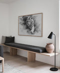 Powerful tiger with intense gaze in horizontal layout, landscape tiger print decor.