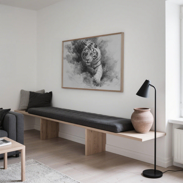 Powerful tiger with intense gaze in horizontal layout, landscape tiger print decor.