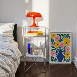 Floral Vase Art Print with Blue, Green, Pink, and Yellow tones perfect for nursery wall art