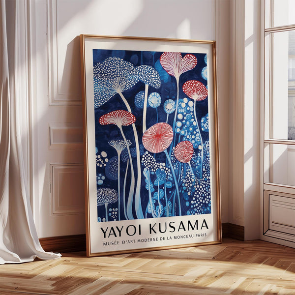 Mushroom art print featuring red and white fungi on a deep blue background.