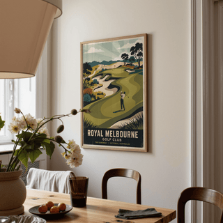 Classic sports wall art print of a golfer teeing off with sweeping fairway contours