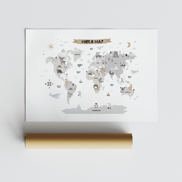 Childs World Map wall art for study corner, Multicolored, Gray, White, playful poster