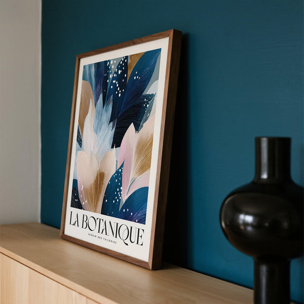 Botanical art print with textured foliage in blue and beige tones