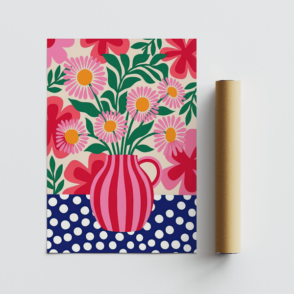 Bold Colorful Flower Art Print with pattern and Pink for creative studio wall art