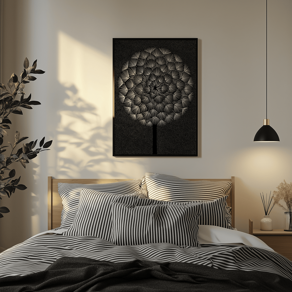 Dandelion Wall Print with Black stem and White seeds, bedroom decor