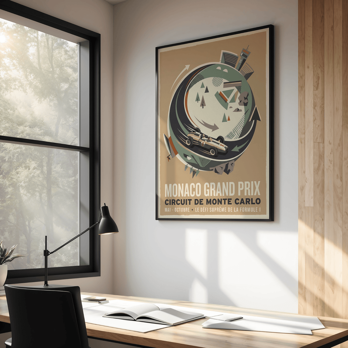 Bold Monaco Grand Prix Print wall art with vintage race car, geometric buildings, and circular circuit