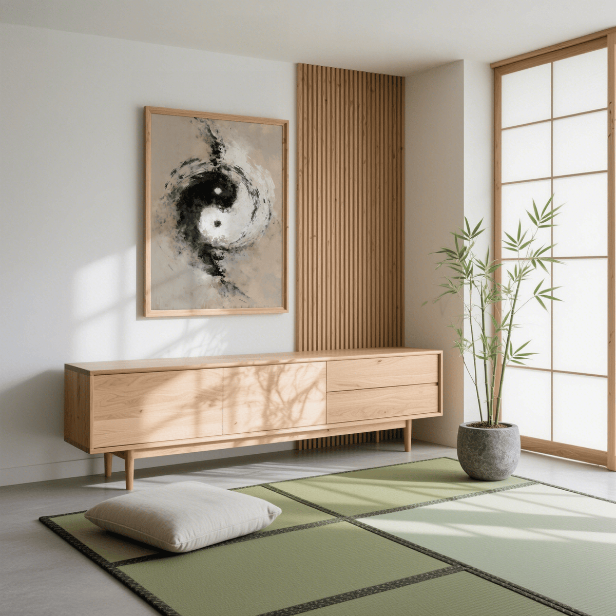 Abstract Yin Yang Art print with Black swirl in White for lounge wall