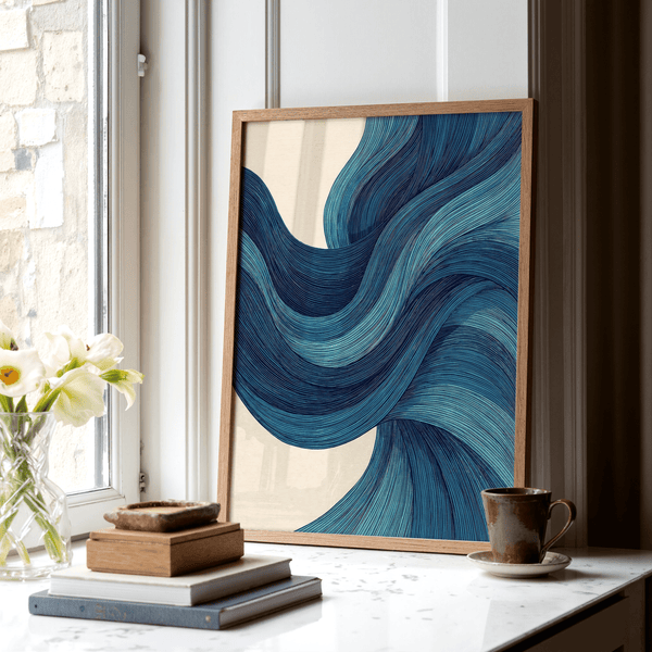 Abstract Wave Art Blue Beige office wall print decor