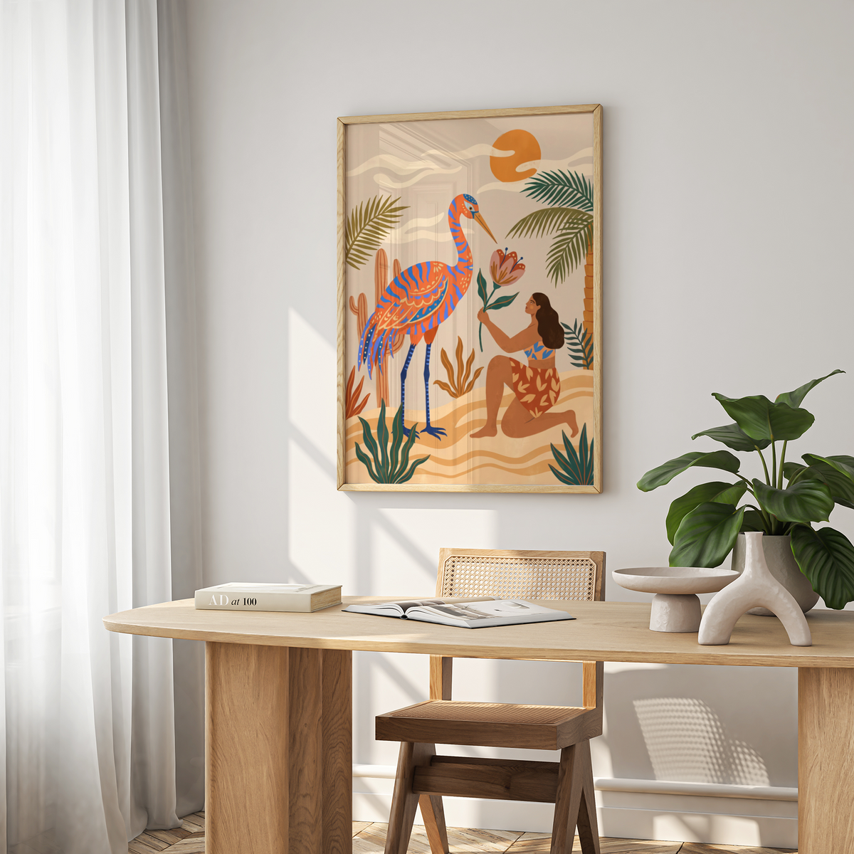 Stylized bird wall art print with central motif, curved beak, and negative space background