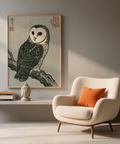Japanese Owl Art Print using green, white, and brown for reading nook