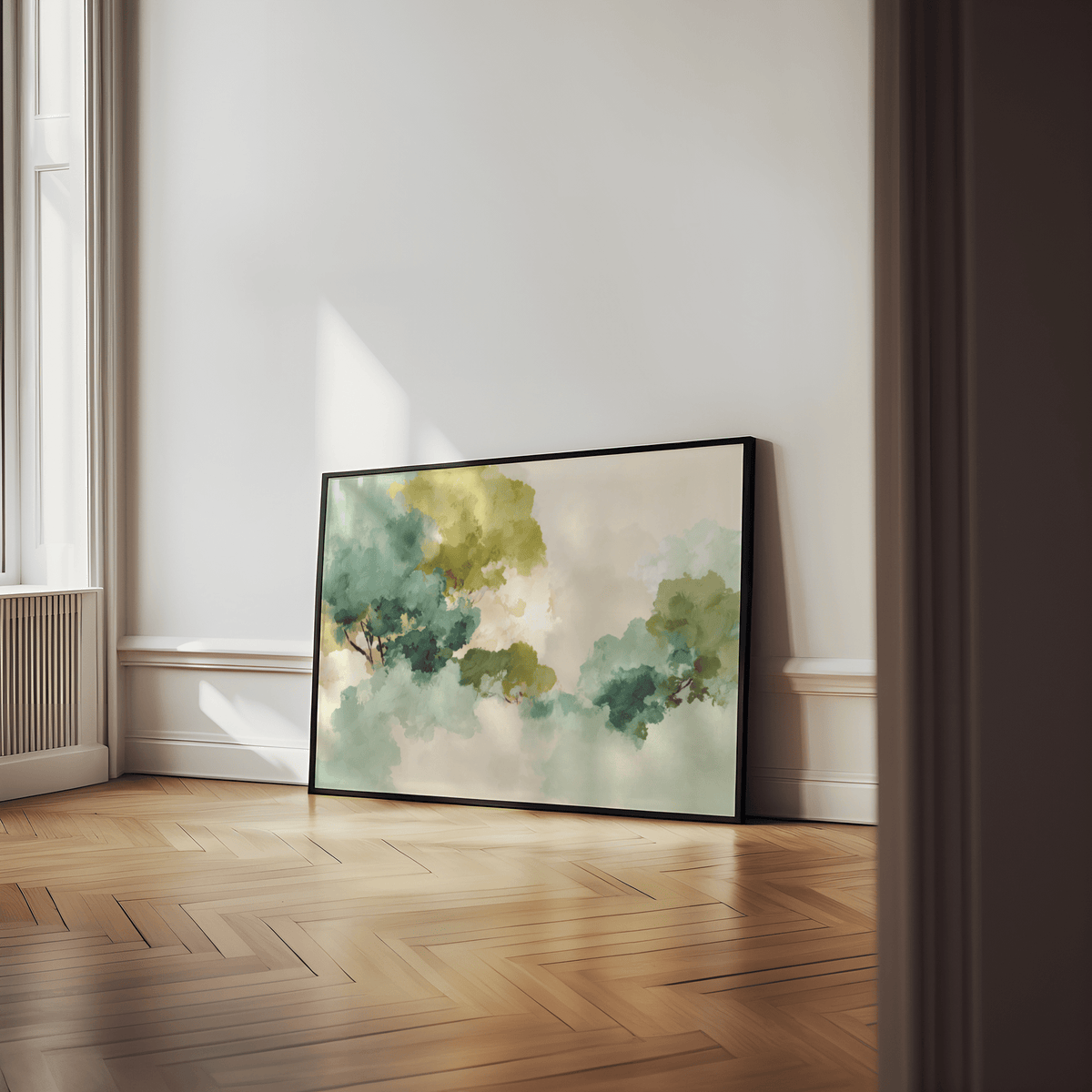 Calming Green Abstract Art print in Green and Beige for bedroom walls