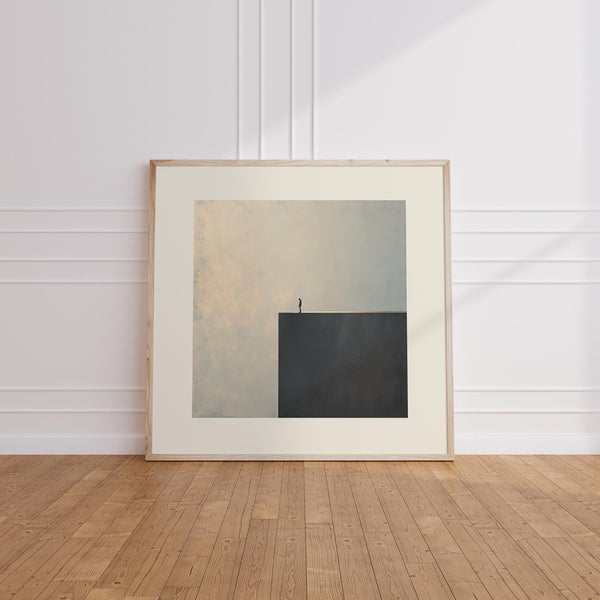 Surreal minimalist wall art featuring a lone figure standing on an abstract edge