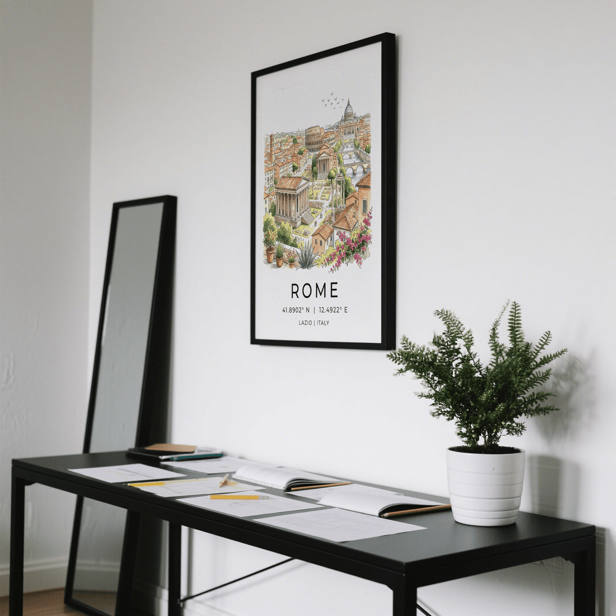 Illustrated Rome poster featuring domed basilica and amphitheater
