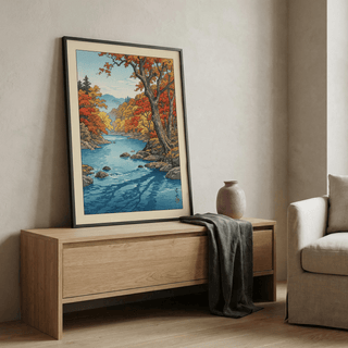 Angle view of poster highlighting clean outlines and negative space in sky and water