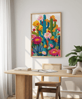Contemporary Cactus Flower Art Print using blue pink for kitchen art print
