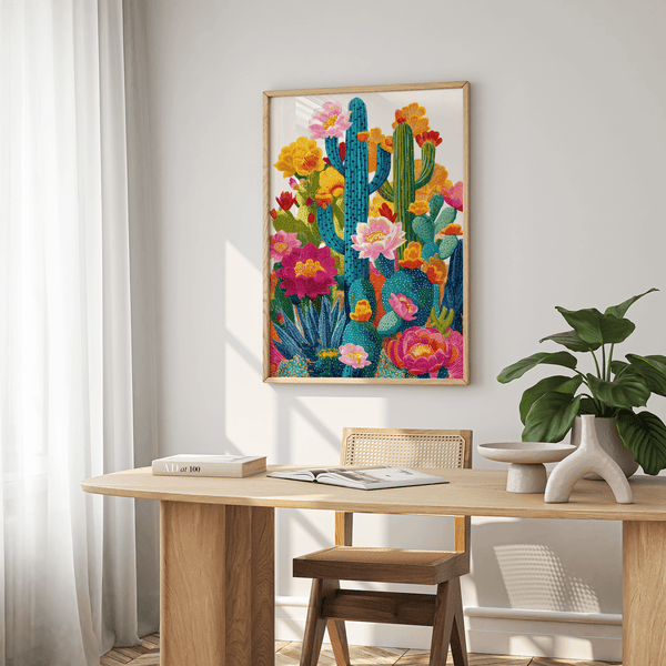 Contemporary Cactus Flower Art Print using blue pink for kitchen art print