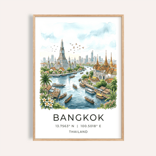 Watercolor Bangkok riverside temple skyline poster with boats and coordinates text