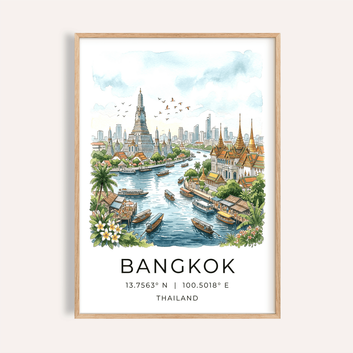 Watercolor Bangkok riverside temple skyline poster with boats and coordinates text