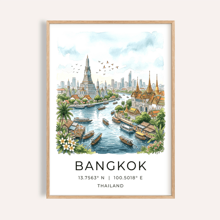 Watercolor Bangkok riverside temple skyline poster with boats and coordinates text