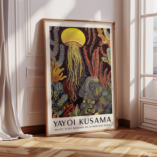 Jellyfish poster with yellow jellyfish floating through coral reef in dotted style.