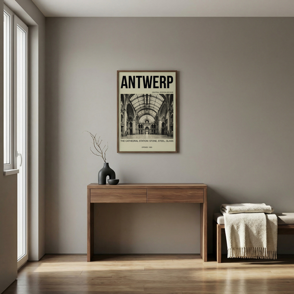 Detailed architecture poster print with stone facade and distant entrance